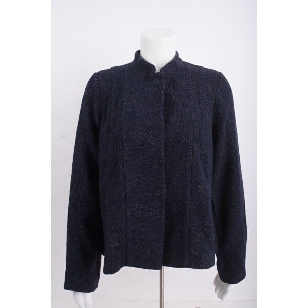 Eileen Fisher Womens Blazer Jacket Snap Front S Navy Blue Cotton Linen